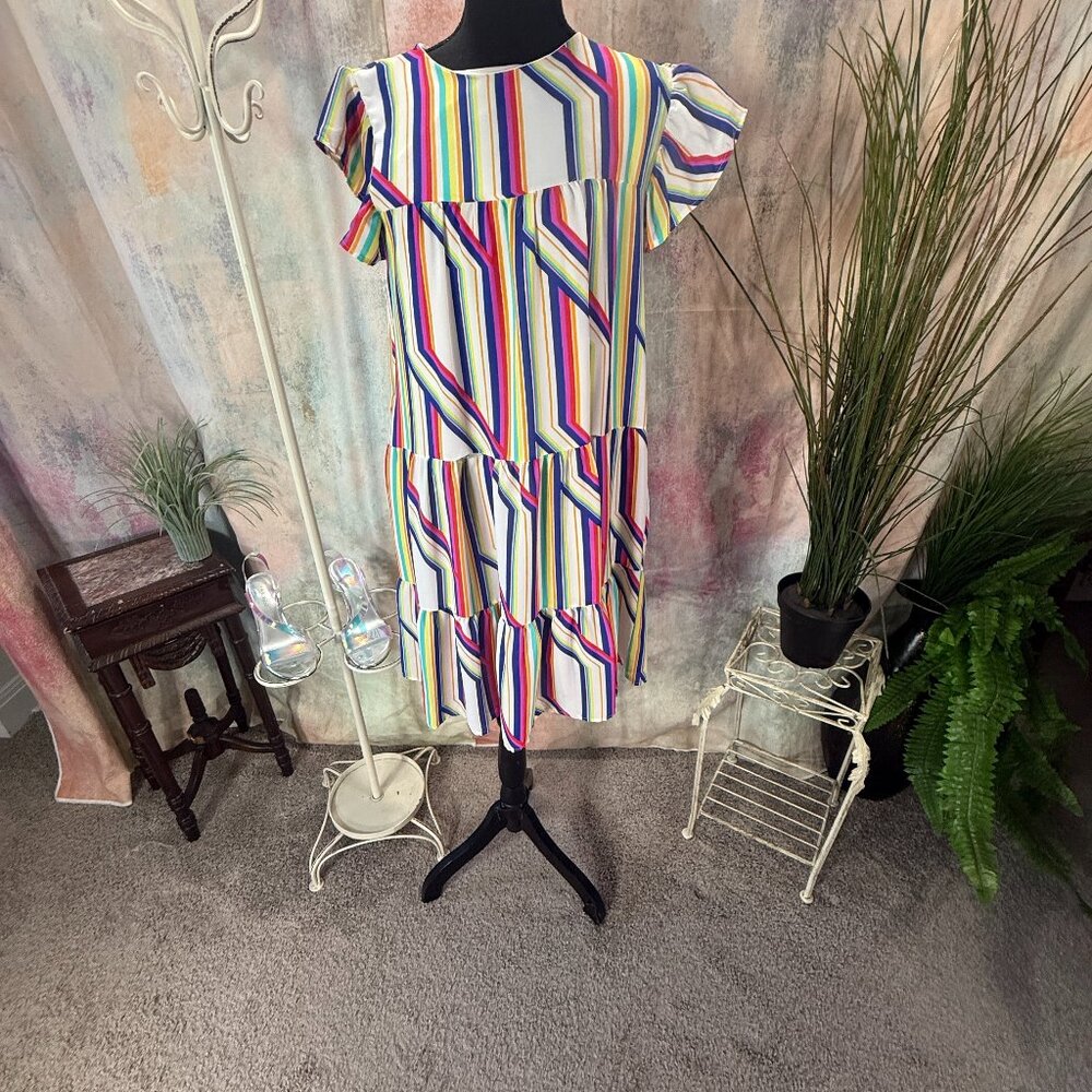📌Voge Colorful Rainbow Mini Shift Dress with Ruffle Sleeves